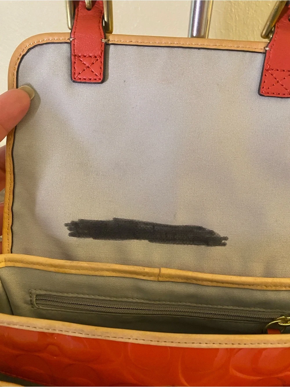 Coach Orange Patent Leather Signature Crossbody with Tan Trim - Picture 8 of 13